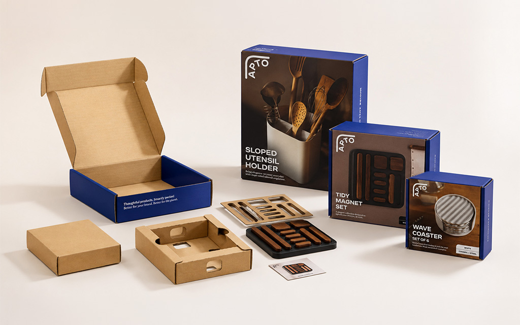 Standardized packaging system with modular inserts for APTO multi-SKU product line by Zenpack.