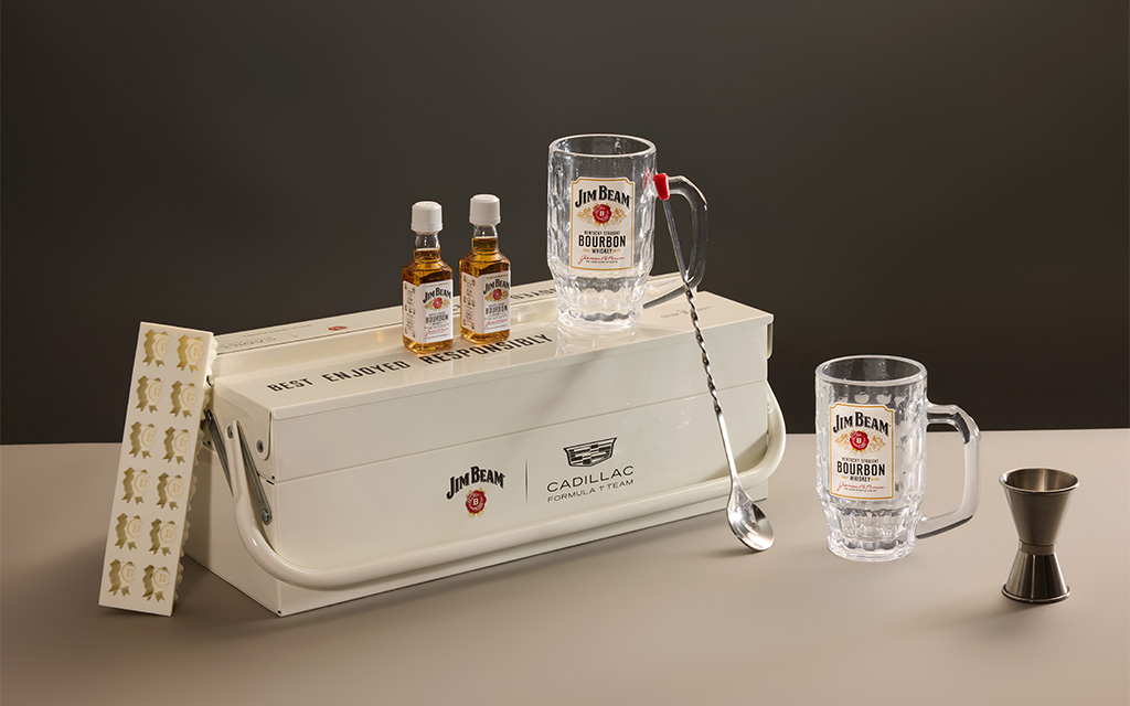 Limited-edition Jim Beam x Cadillac F1 toolbox mailer by Zenpack for a high-value unboxing experience.