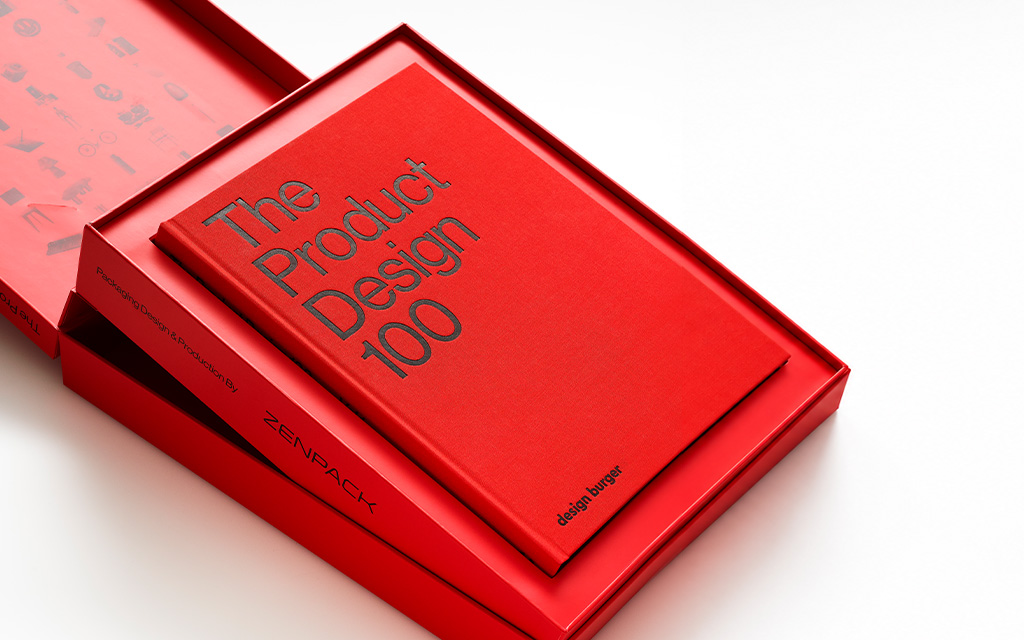 Design Burger red folio box by Zenpack with paper lift mechanism for a high-value unboxing experience.