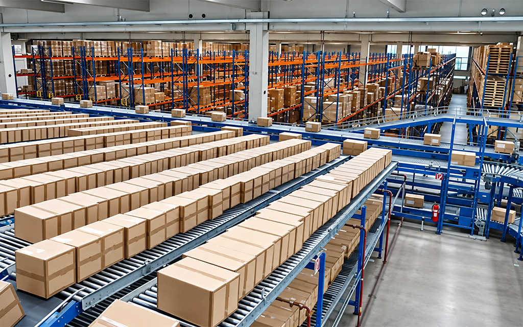 Automated warehouse packaging system with conveyor belts for Zenpack fulfillment logistics.