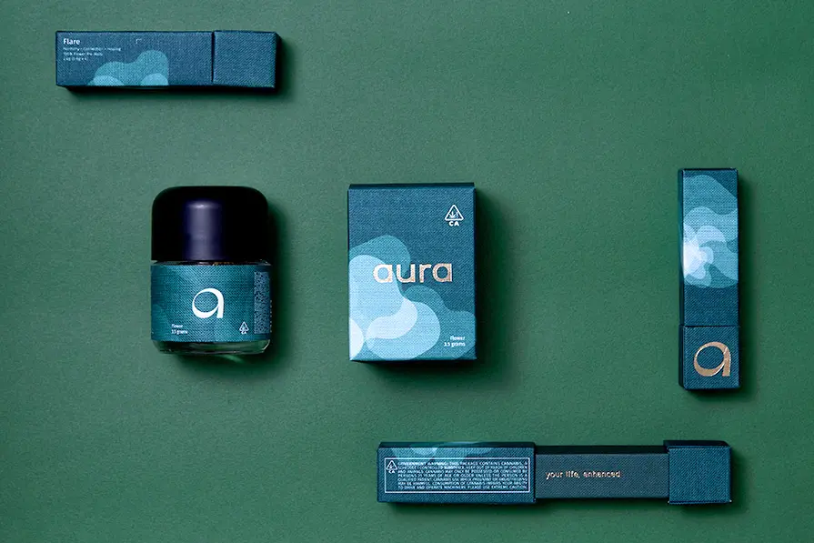 A comprehensive packaging suite designed for Aura, featuring rich teal gradients and elegant gold foil stamping to deliver a premium, cohesive brand identity.