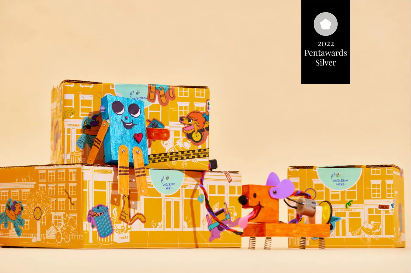 Silver Pentawards 2022 winning toy packaging with playful robot design by Brooklyn Robot Foundry.