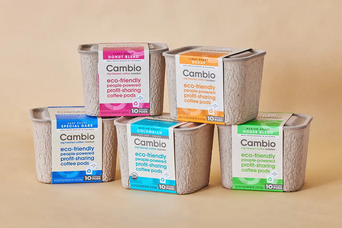 CAMBIO coffee pods in sustainable packaging with a variety of roasts