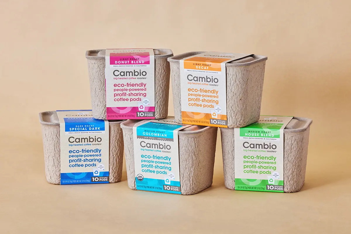 Sustainable molded fiber coffee pod packaging containers for Cambio engineered by Zenpack.