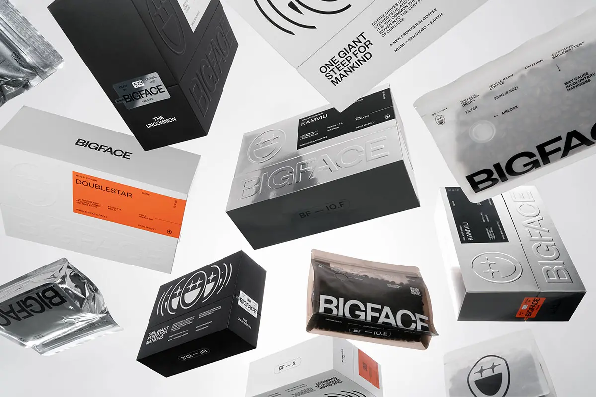 Assorted BIGFACE Coffee packaging with sleek, modern design, produced by Zenpack