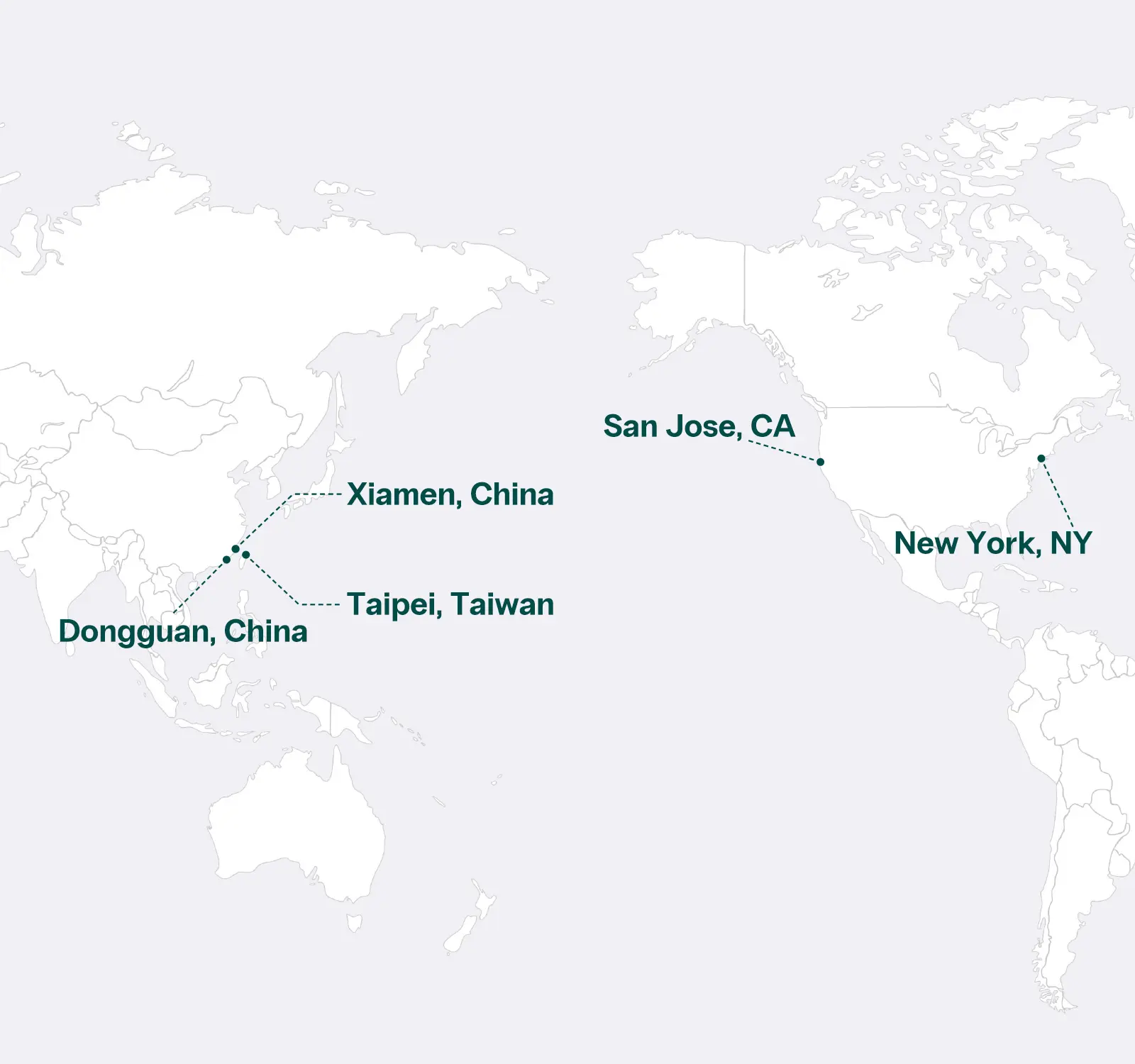 Zenpack global office locations map: San Jose, New York, Dongguan, Xiamen, and Taipei