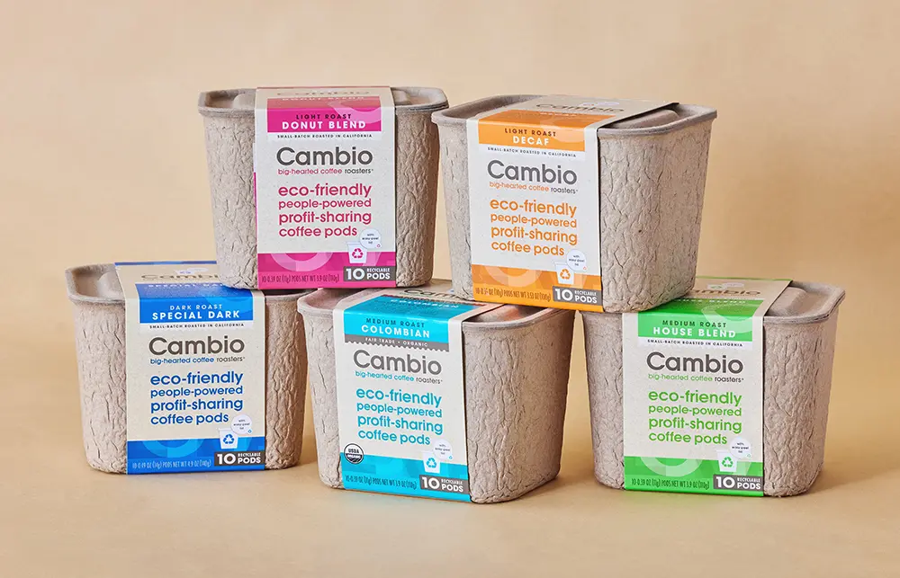Eco-friendly molded pulp coffee packaging and at-home composting bin by Cambio Coffee