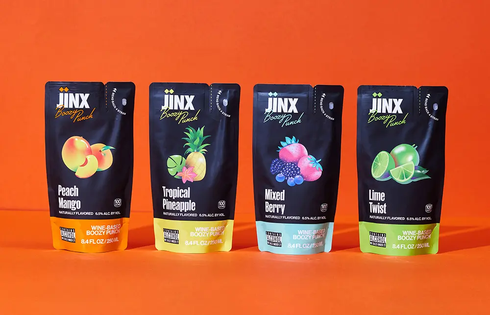 Jinx Drinx tamper-proof and straw-embedded soft pouch packaging for alcoholic beverages
