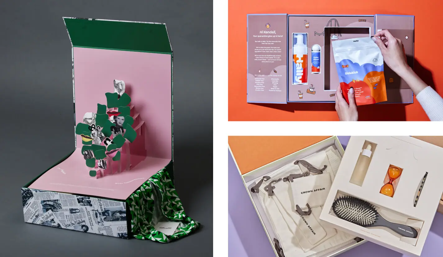 Collection of custom brand packaging designs including influencer packaging boxes, and interactive PR kits
