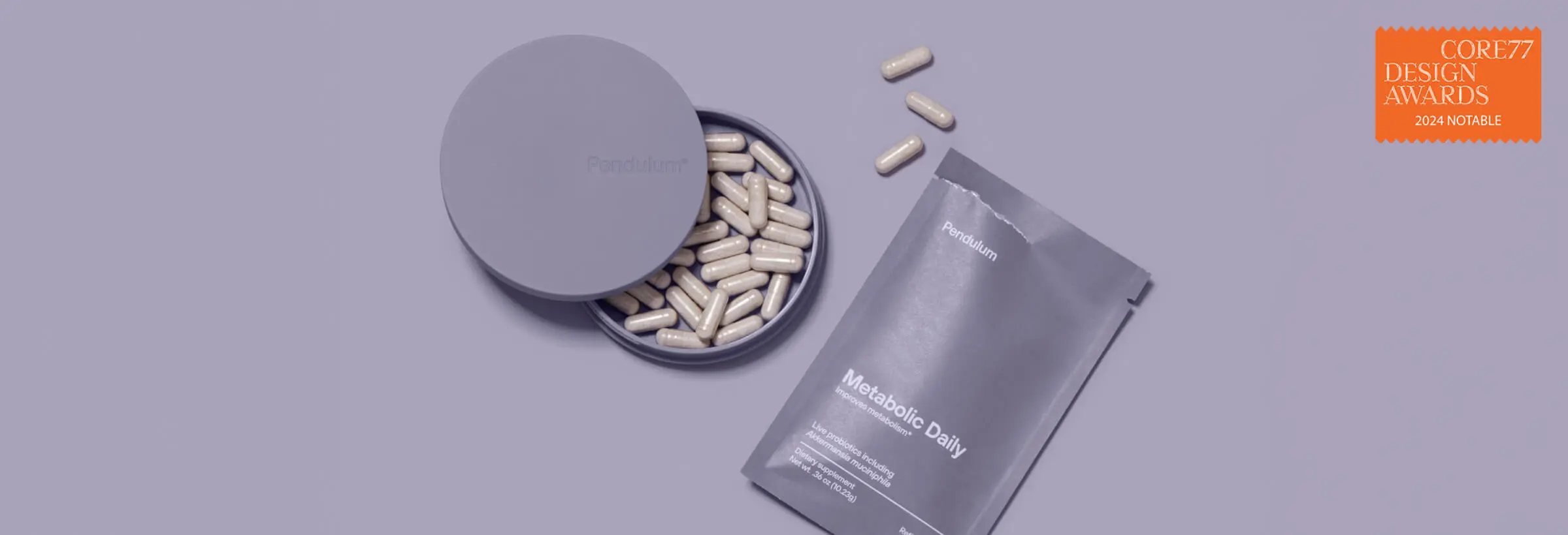 Pendulum Metabolic Daily supplement capsules in a grey container and refill pouch with Core77 badge.
