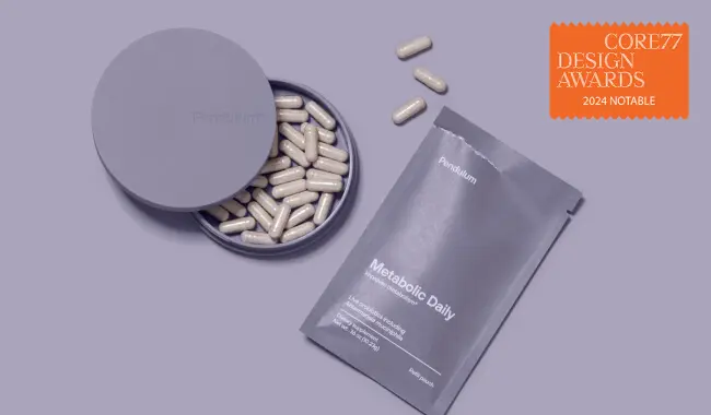 Pendulum Metabolic Daily supplement capsules in a grey container and refill pouch with Core77 badge.
