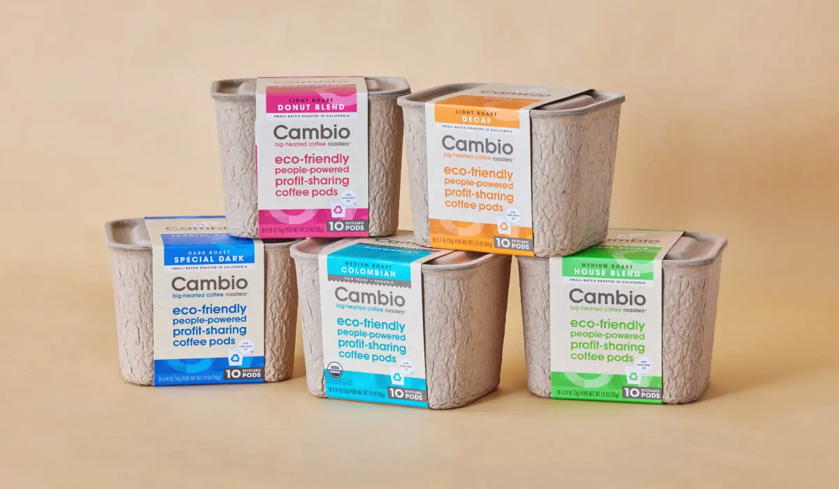 Eco-friendly molded pulp packaging boxes for Cambio coffee pods designed and printed by Zenpack.