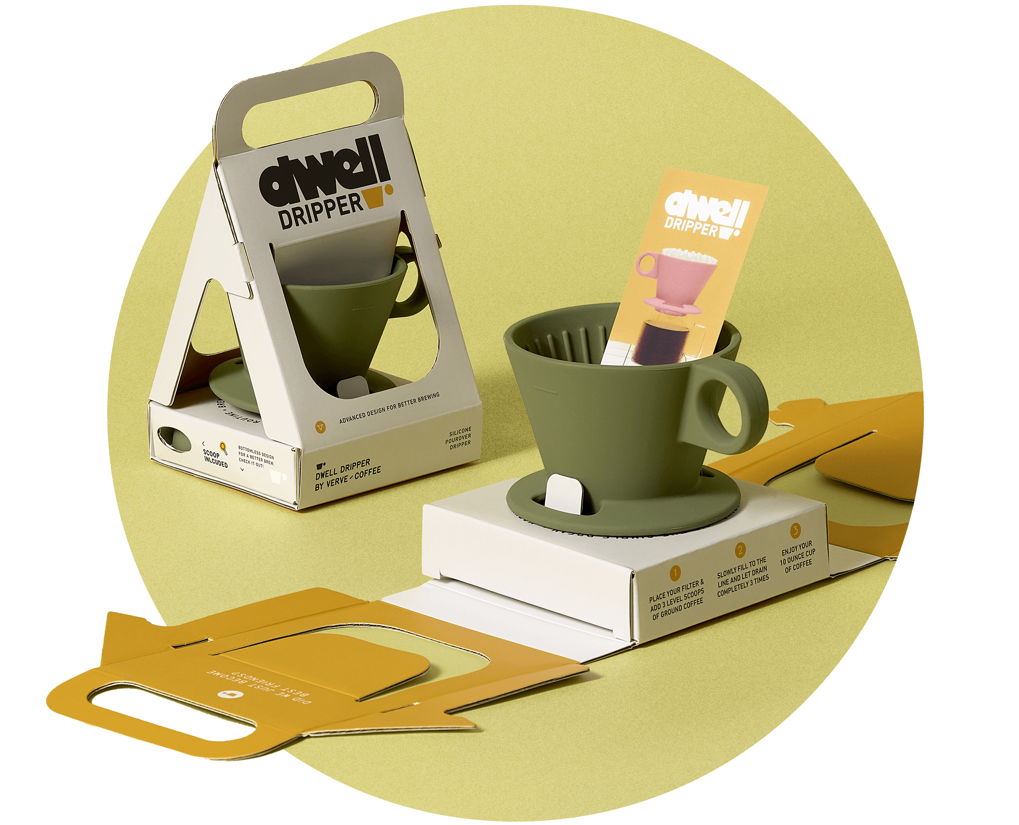 Custom coffee packaging design featuring Dwell Dripper box and dieline by Zenpack.