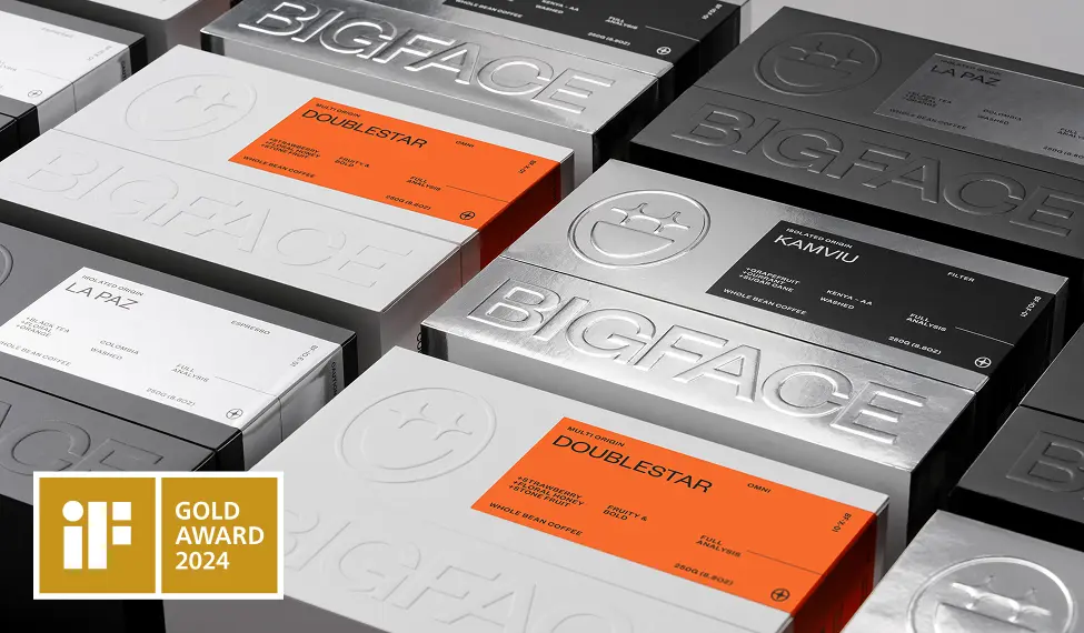iF Gold Award 2024 winning BIGFACE coffee box design with tactile embossing by Zenpack.