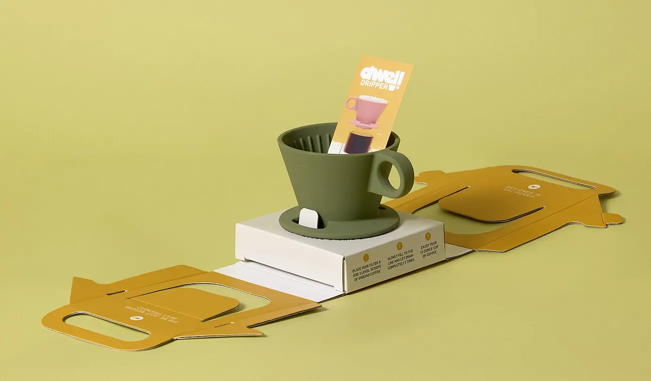 Custom coffee packaging design featuring Dwell Dripper box and dieline by Zenpack.