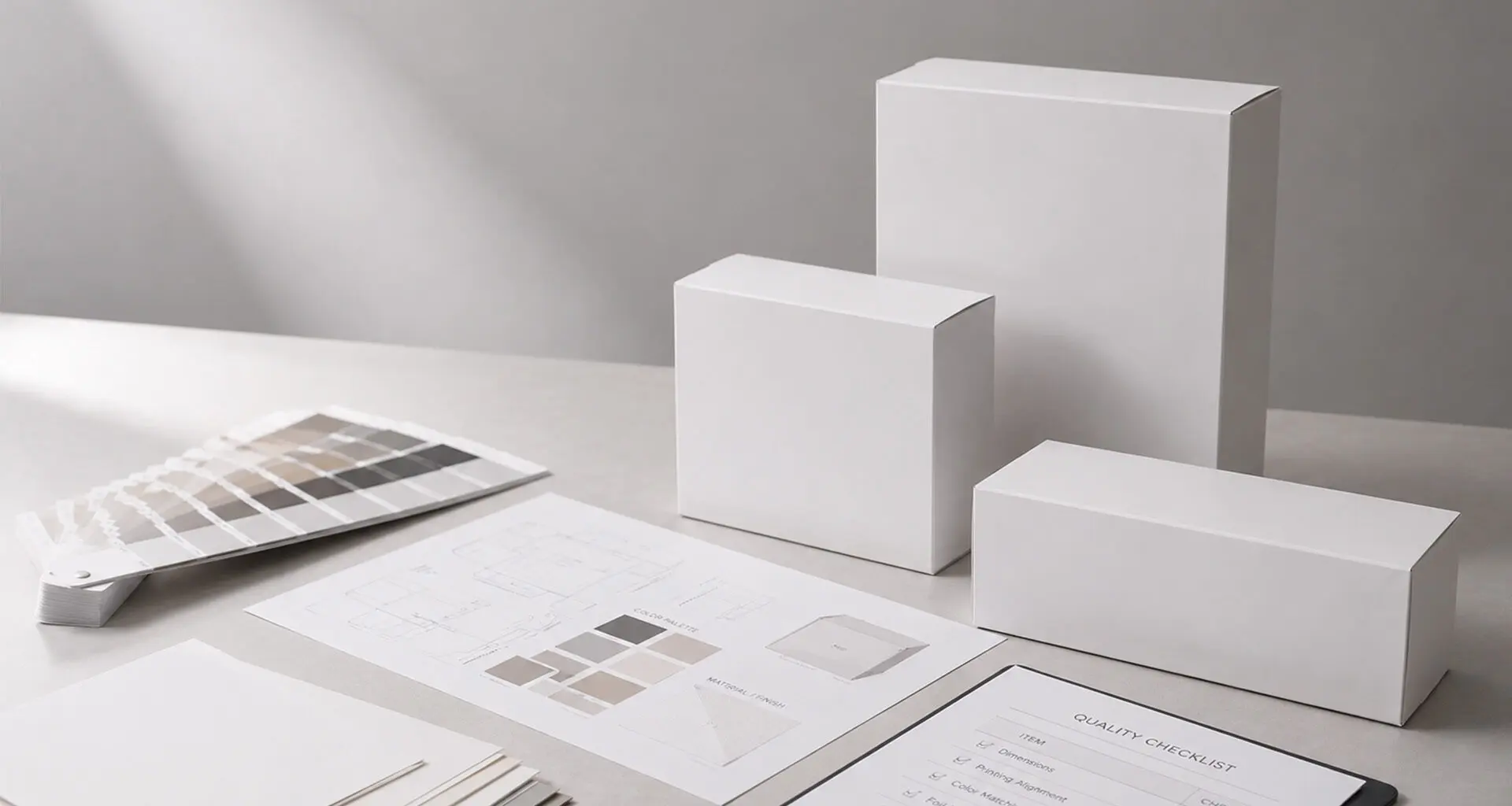 White custom box mockups with packaging design blueprints and quality checklist
