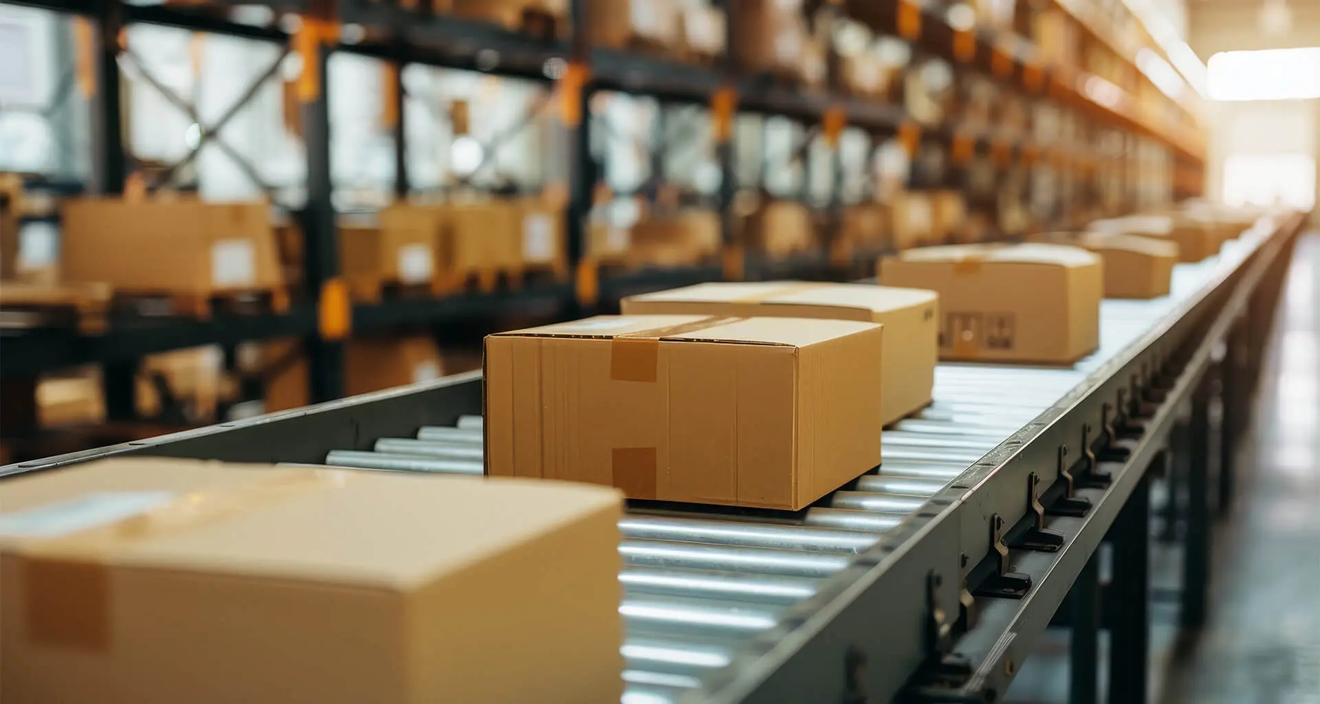 Logistics warehouse conveyor belt transporting cardboard packaging to optimize shipping costs and supply chain risks.