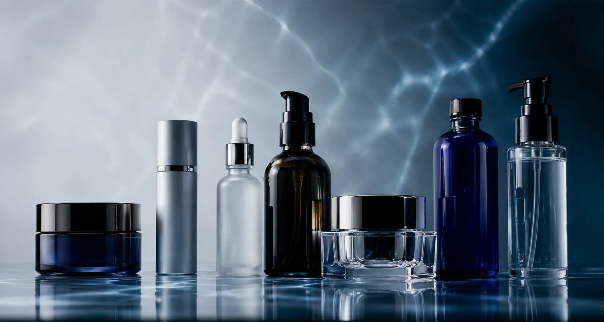 Custom cosmetic packaging containers including amber glass dropper bottles, cream jars, and pump bottles for luxury skincare.