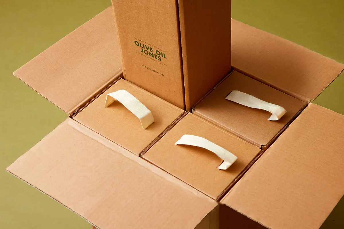 Custom corrugated e-commerce shipping box for Olive Oil Jones engineered by Zenpack.