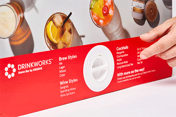 Close-up of the Drinkworks package detailing available brew and wine styles with vibrant drink images