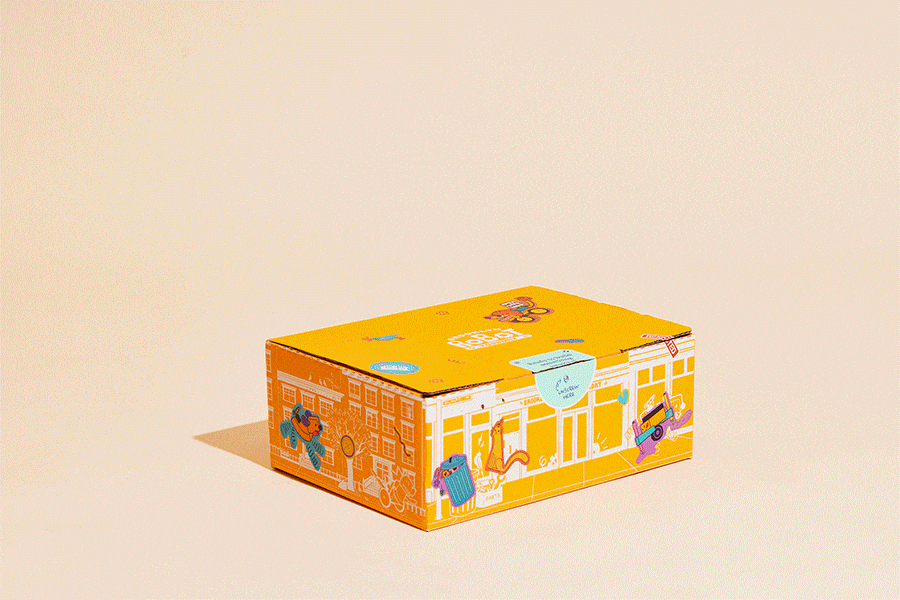 Multifunctional colorful kids' toy packaging converting to an iPad holder with playful designs.