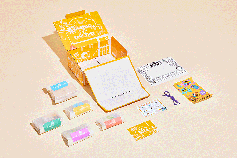 Educational toy packaging with components for building robots by Brooklyn Robot Foundry.