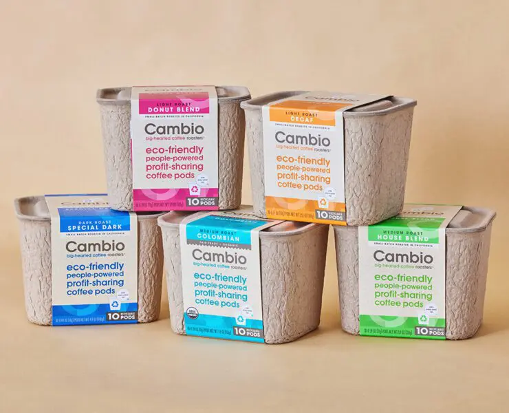 Sustainable molded fiber coffee pod packaging containers for Cambio engineered by Zenpack.